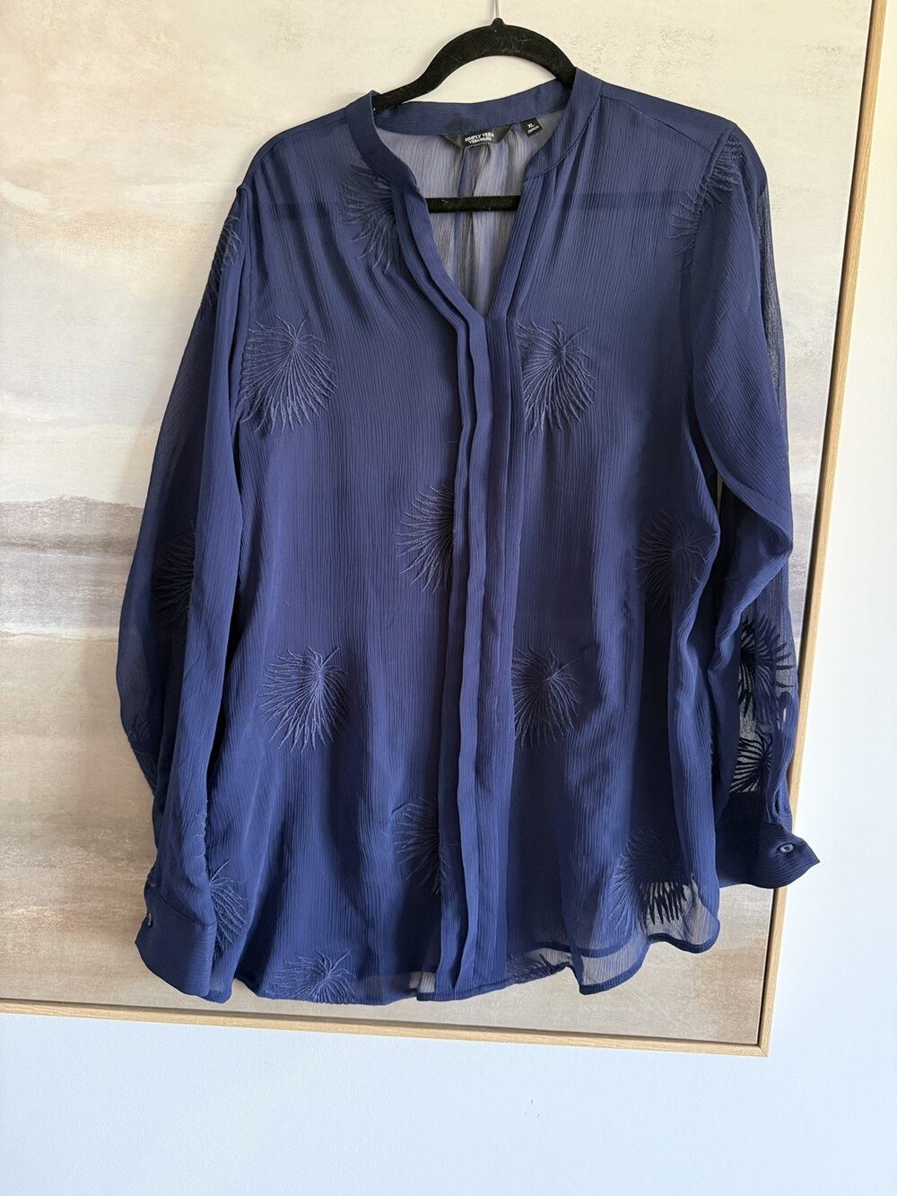 Simply Vera Sz XL Gorgeous Dark Navy Blue Embroidered Sheer Blouse Shirt Top